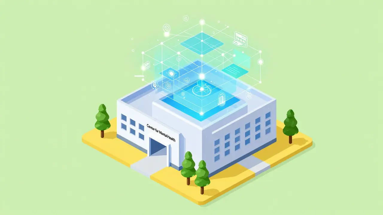 Izometrický pohled na centrum duševního zdraví propojené s digitální sítí dat.