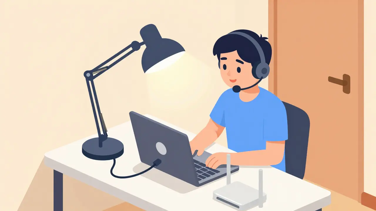 Izometrický pohled na ideální technické vybavení pro klienta online terapie.