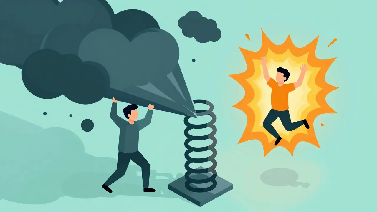 Izometrický pohled na koncept resilience, kde se člověk s energií odráží od stresu zpět do rovnováhy.