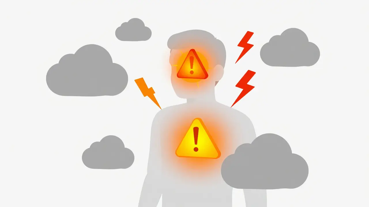 Izometrický pohled na lidskou postavu s červenými symboly stresu a úzkosti v těle.