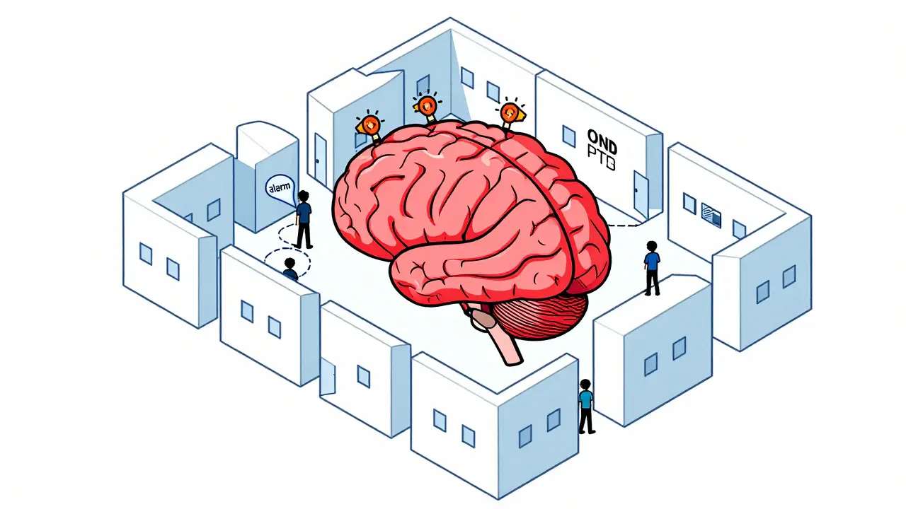 Izometrický pohled na mozek jako budovu s červenými alarmy symbolizujícími stav hyperarousalu.