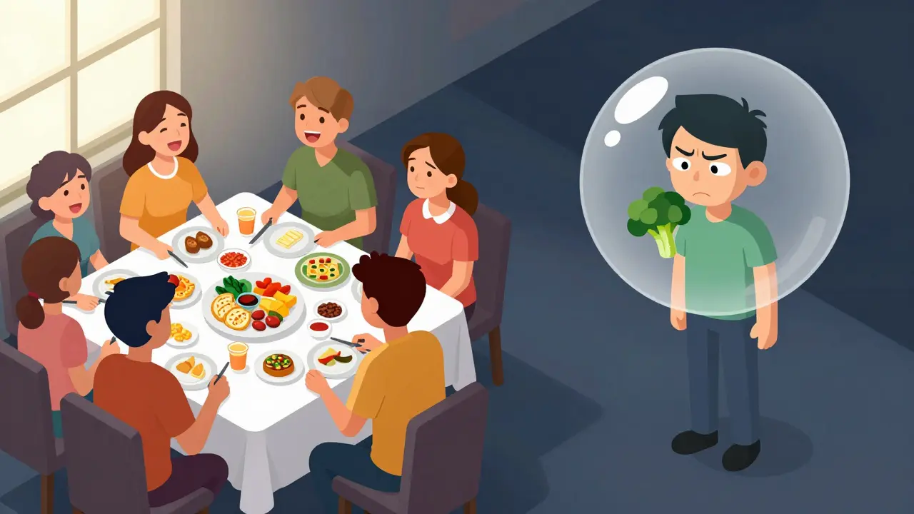 Izometrický pohled na osobu izolovanou od přátel u stolu kvůli posedlosti čistotou jídla.