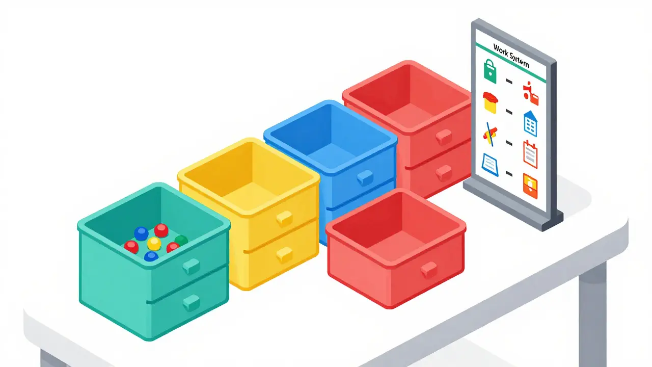 Izometrický pohled na pracovní systém s šuplíky a vizuálním rozvrhem s piktogramy.