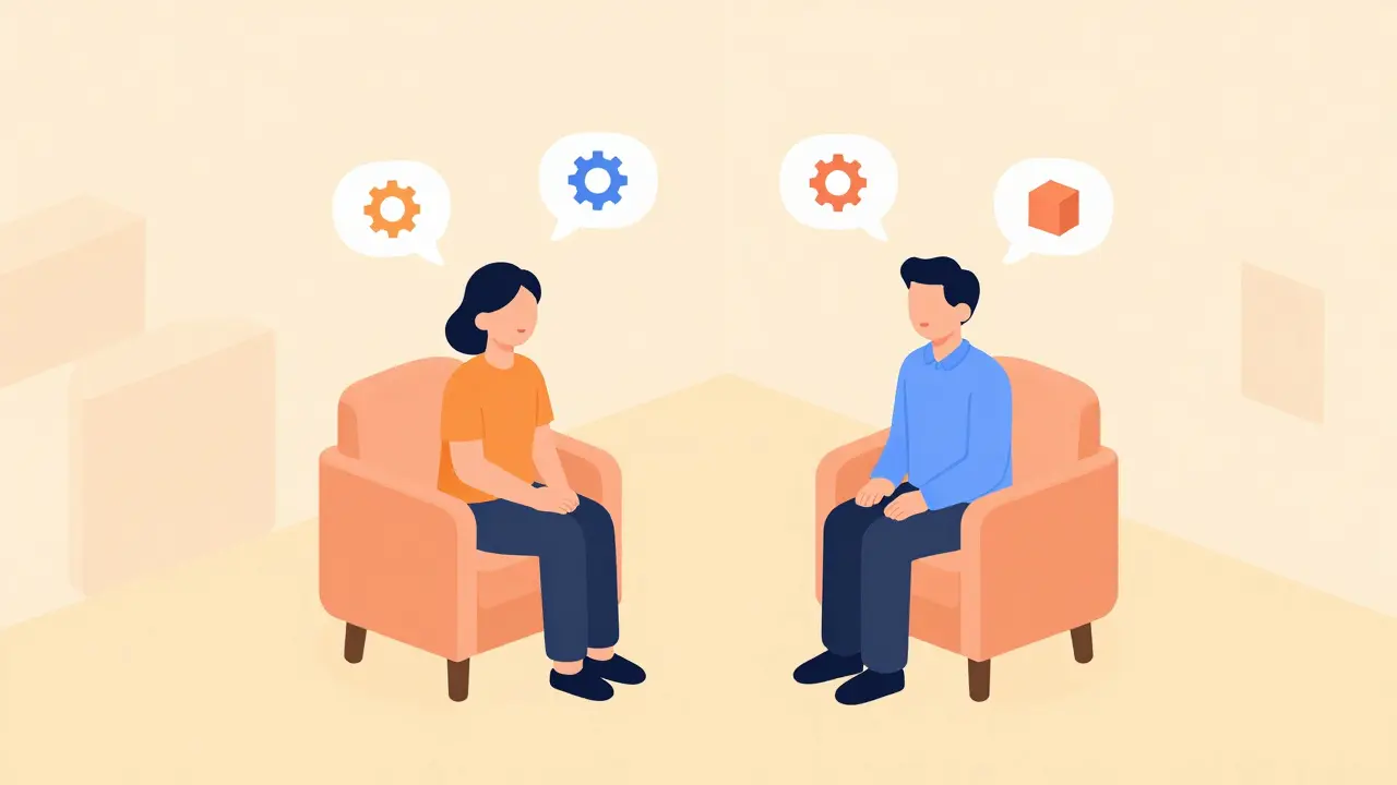 Izometrický pohled na terapeutickou sezení s pacientem v klidné místnosti v pastelových barvách.