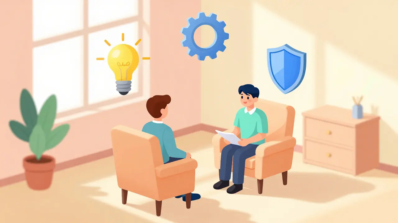 Izometrický pohled na terapii v útulné místnosti s symboly mentálních nástrojů.