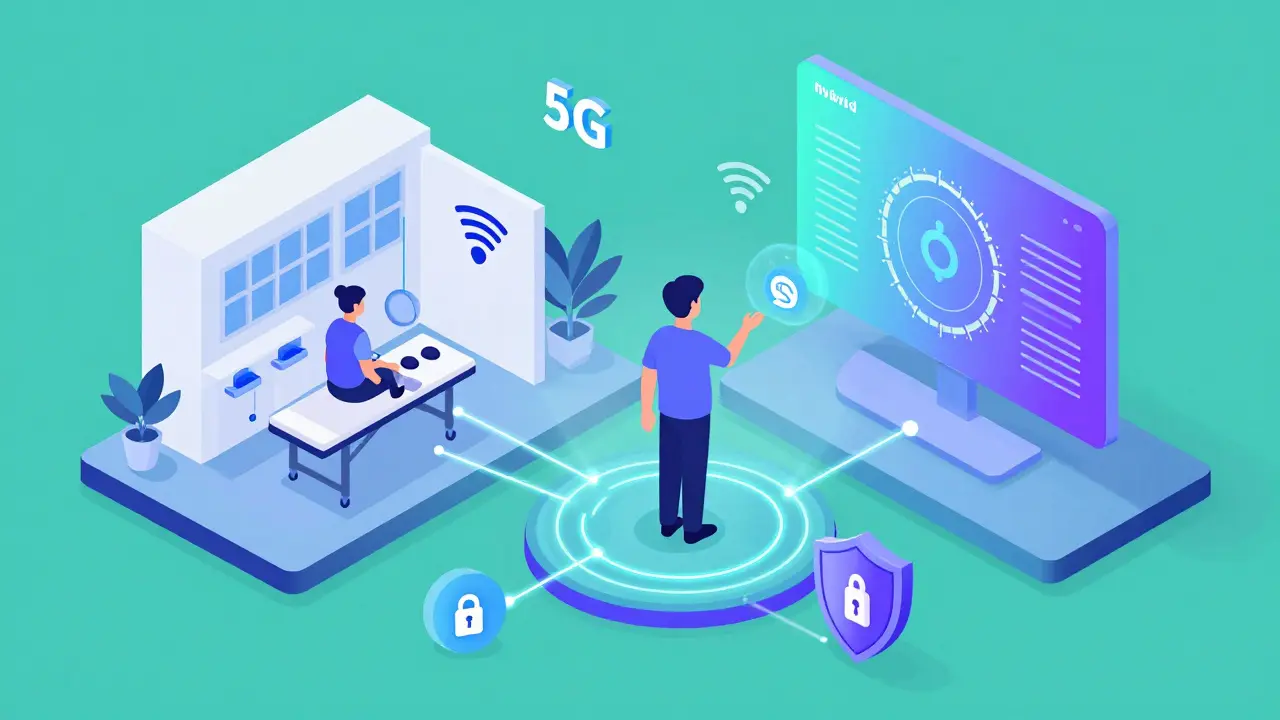 Koncept hybridní terapie s prvky 5G připojení a digitální bezpečnosti.