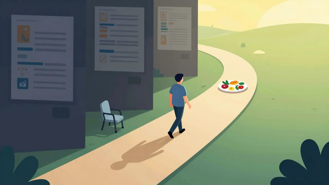 Kresba cesty k uzdravení od ortorexie vedoucí z úzkosti k vyváženému stravování a naději.