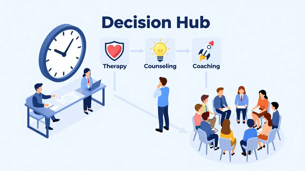 Kresba v izometrickém stylu znázornující výběr mezi terapií, poradenstvím a koučinkem.