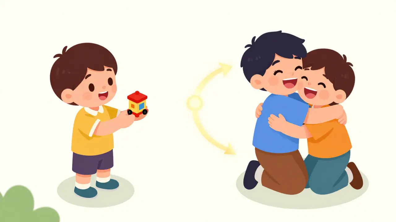 Kresba znázornující přechod od materiálních odměn k radosti ze společného úspěchu.