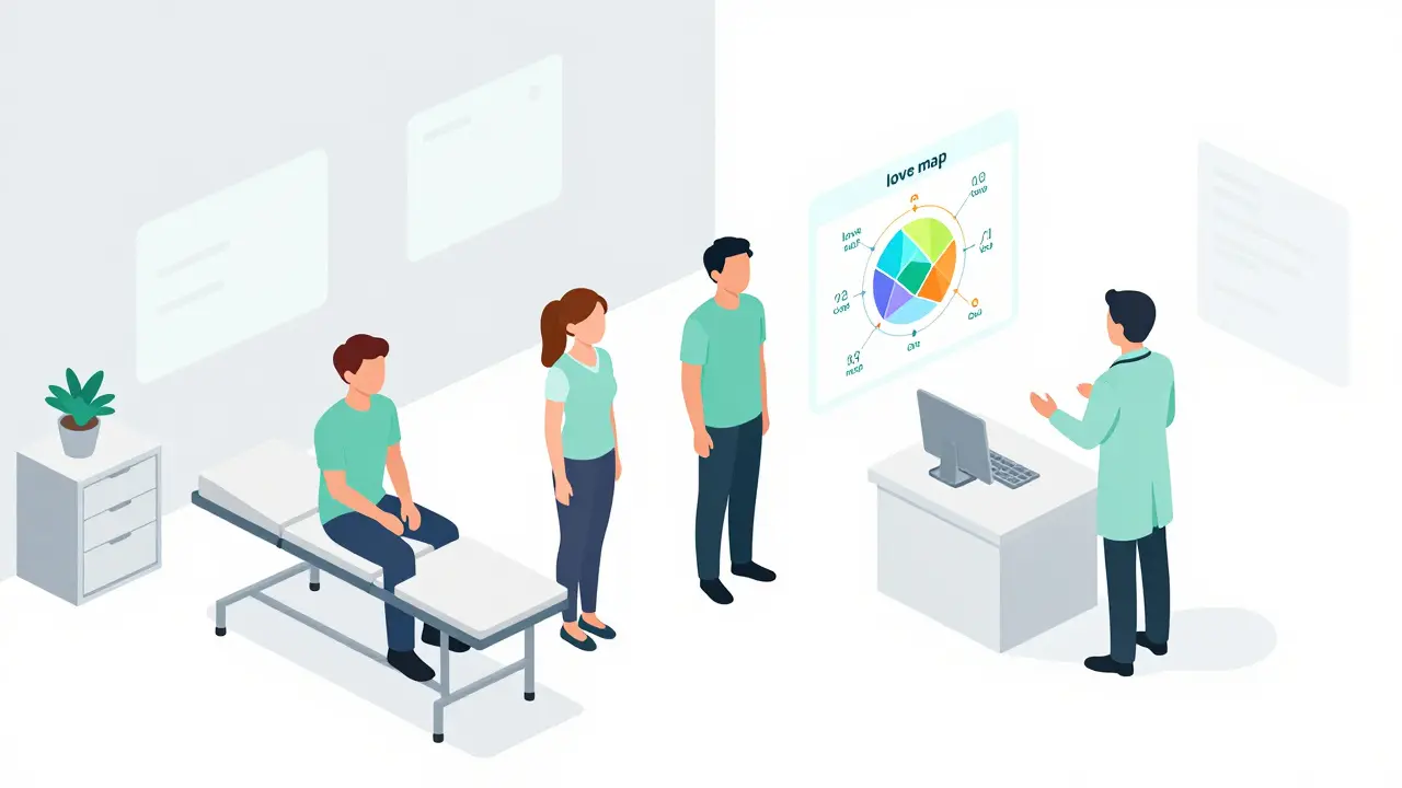 Moderní znázornění hybridní terapie s plovoucími diagramy komunikačních vzorců.