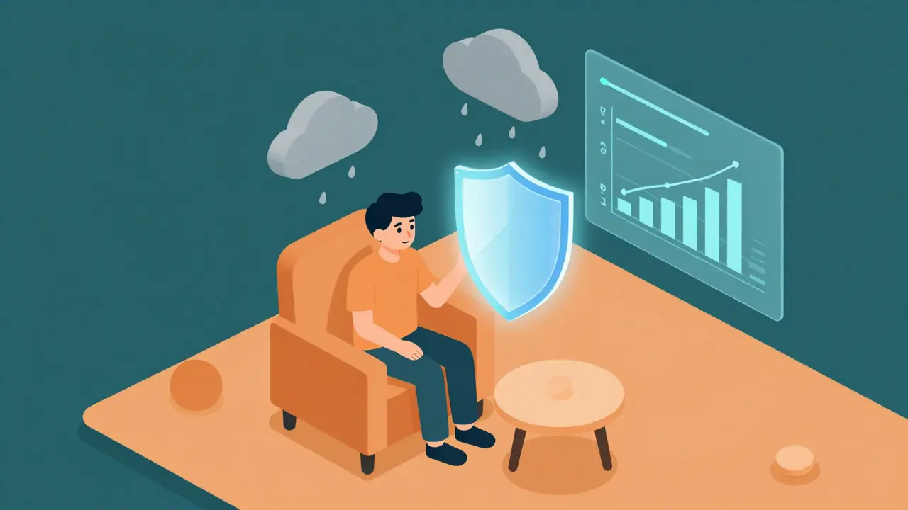 Osoba v útulném prostoru s ochranným štítem symbolizujícím psychickou odolnost.