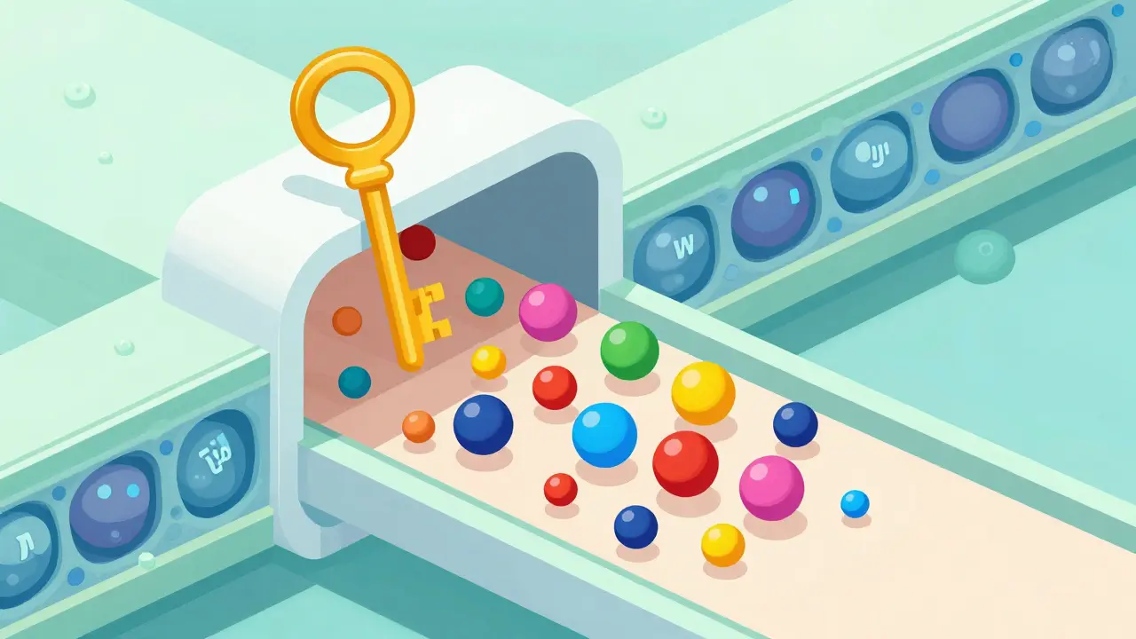 Schéma vstupu glukózy a minerálů do buněk pomocí inzulinu v izometrickém stylu.