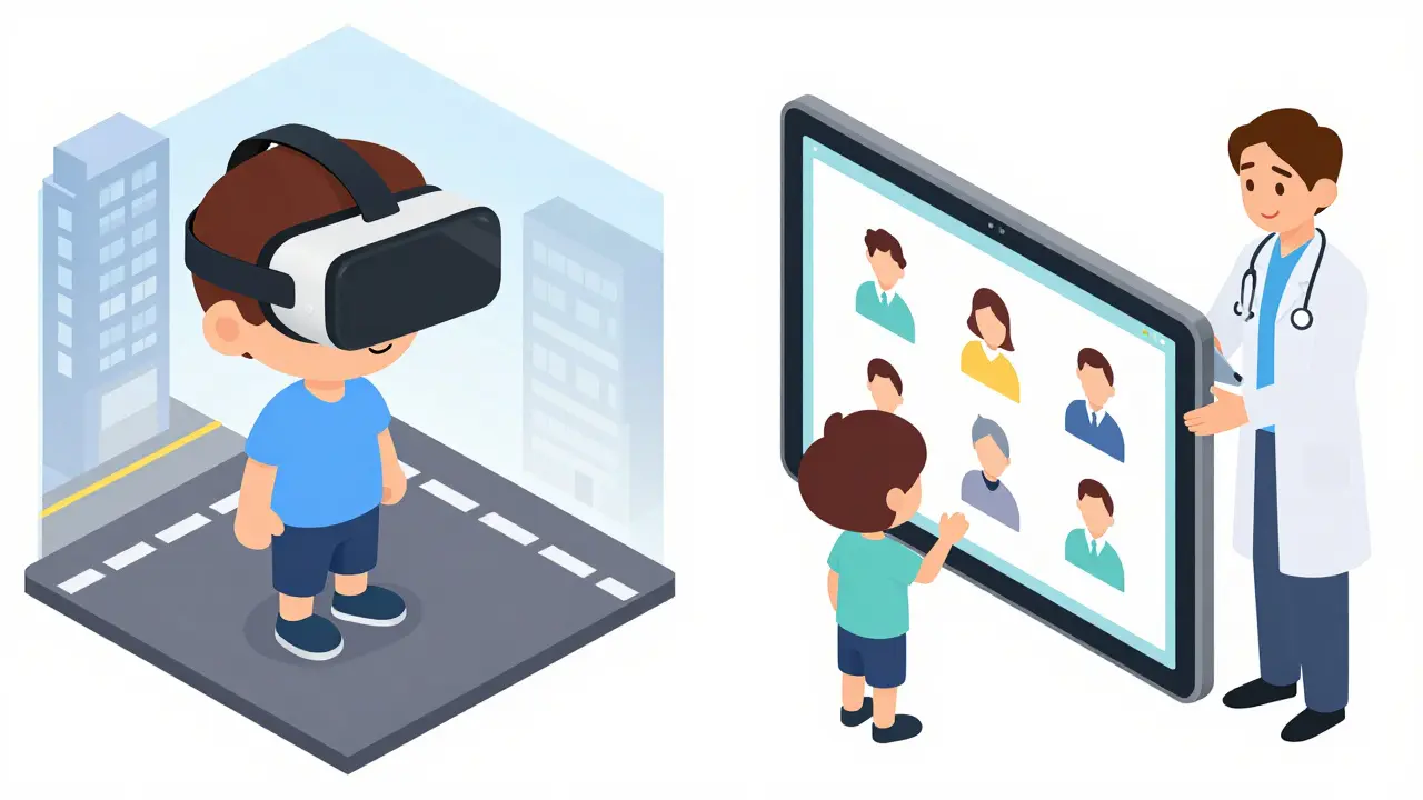 Srovnání imerzivní VR s headsetem a neimersivní terapie pomocí tabletu.