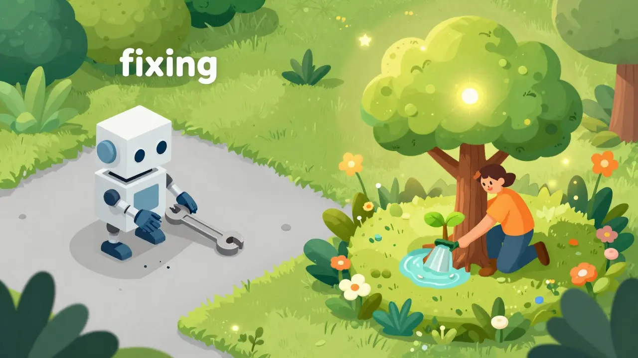 Srovnání léčebného a rozvojového přístupu v podobě opravy robotu a růstu stromu.