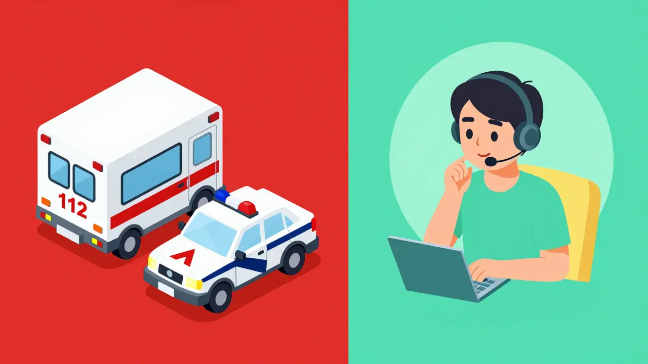 Srovnání zásahu záchranné služby 112 a telefonické psychologické pomoci v izometrickém stylu.