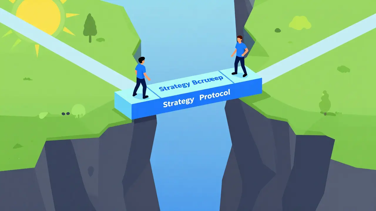 Člověk staví strategický most přes propast v karikatuře