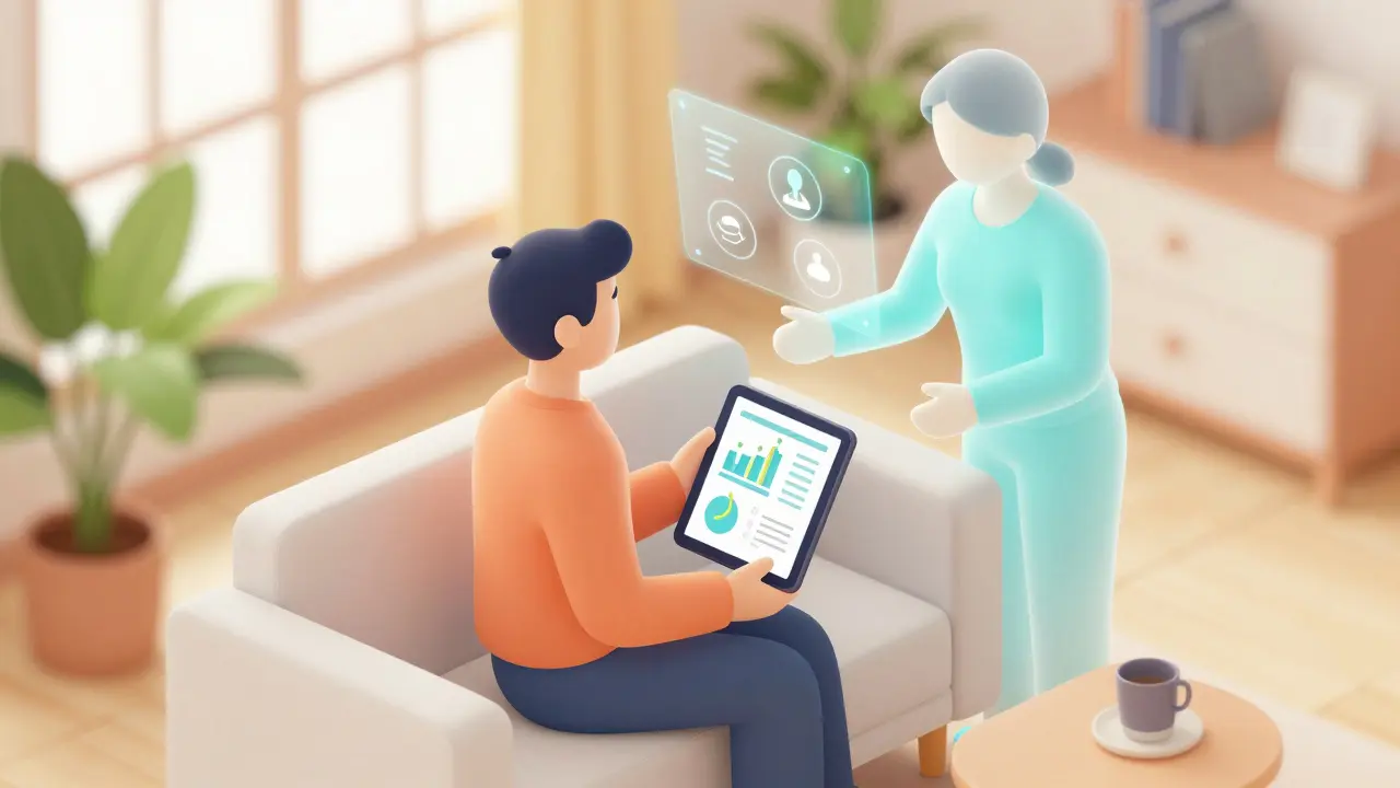 Hybridní terapie: pacient s tabletem a podporou terapeuta