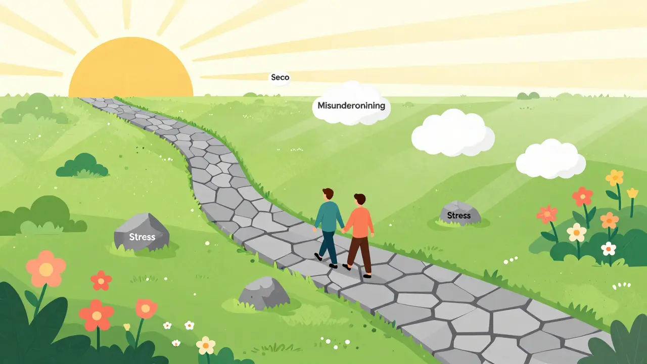 Ilustrace cesty dvou postav k harmonii přes překážky ve vztahu.