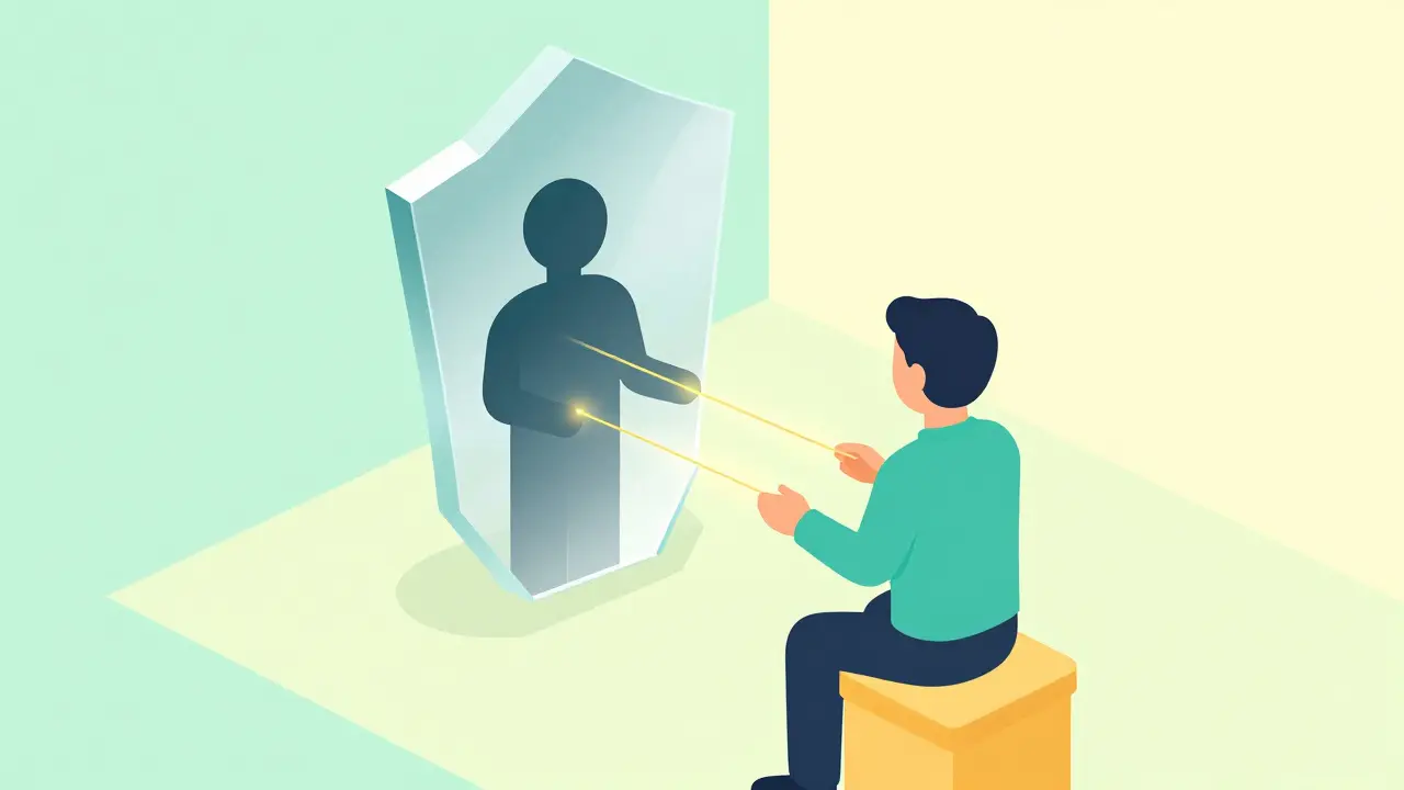 Ilustrace terapie, kde pacientka překonává vnitřního kritika pomocí zrcadla