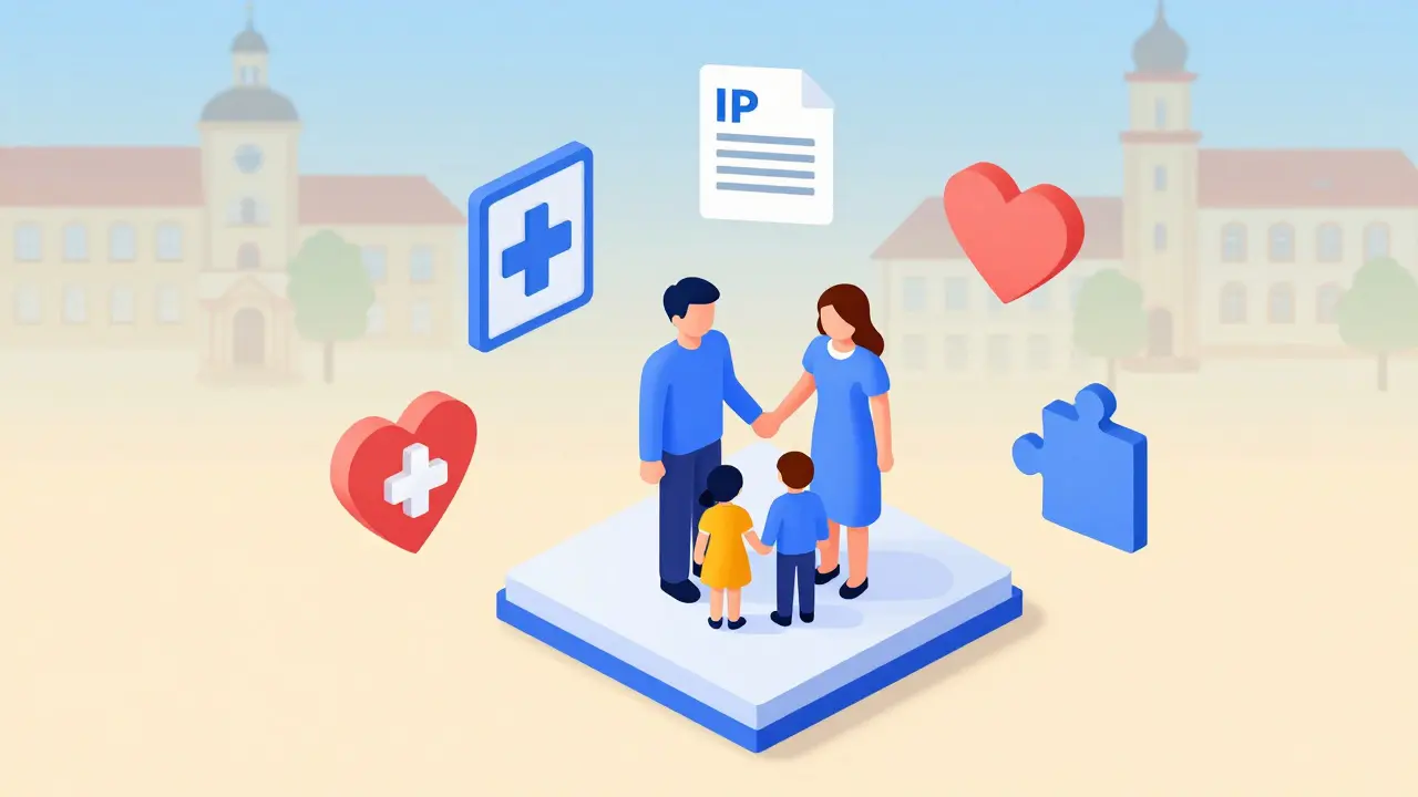 Izometrická ikona rodiny obklopené symboly podpory a terapie