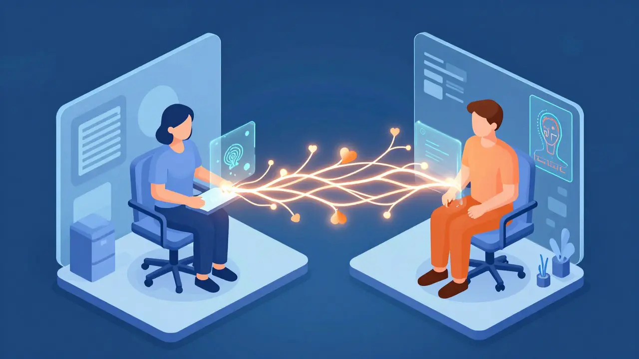 Izometrická ilustrace online terapie, kde se lidská empatie propojuje s technologií prostřednictvím světla.