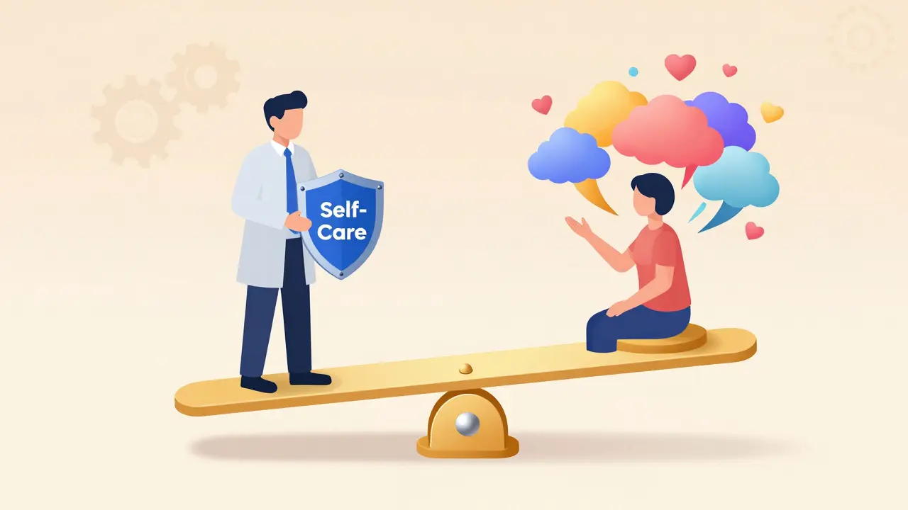 Izometrická ilustrace rovnováhy mezi empatickým zapojením a profesionálním odstupem terapeuta.