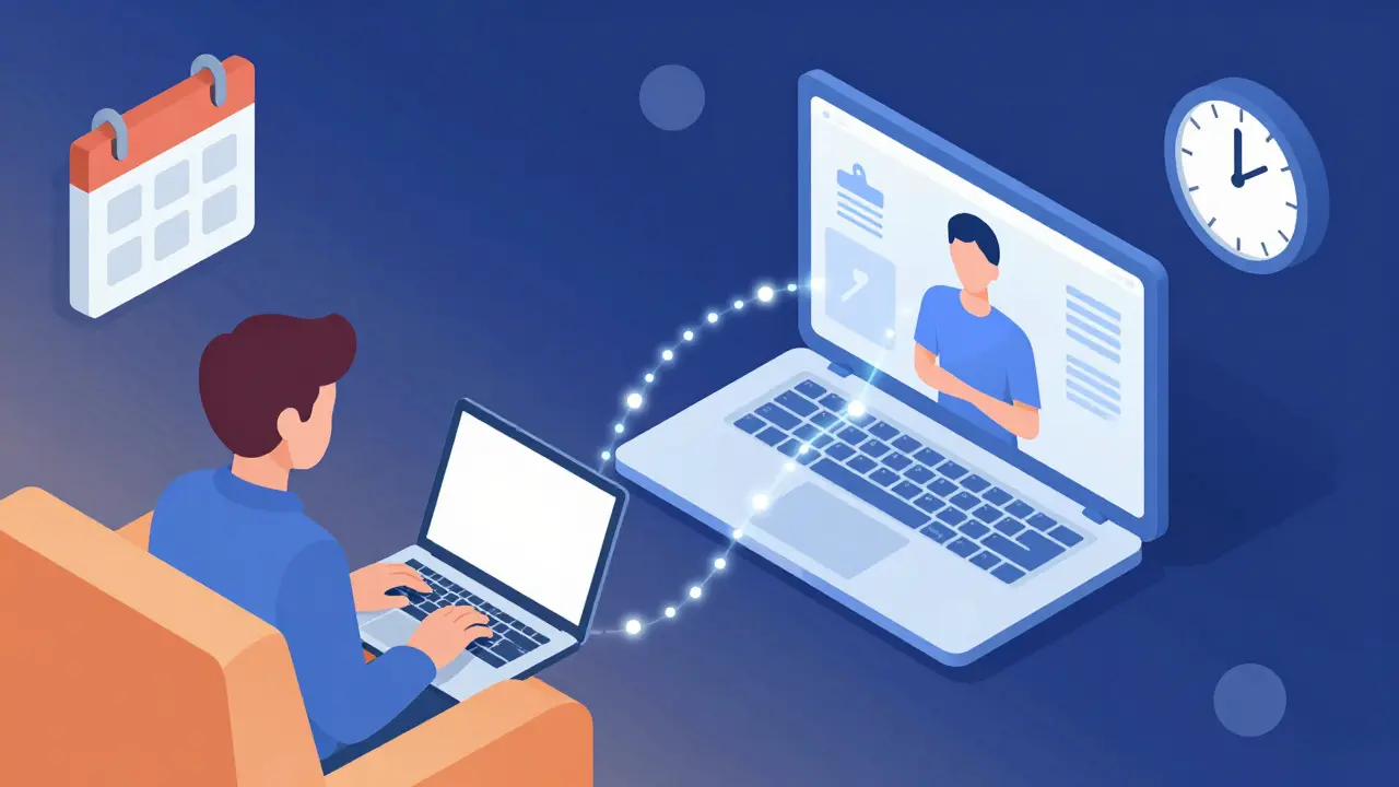 Izometrická scéna online terapie s digitálním mostem spojujícím klienty