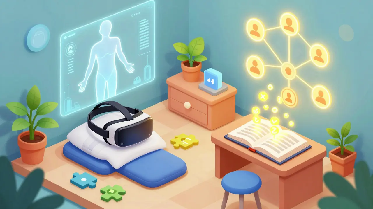 Izometrický pohled na kliniku s VR brýlemi a nástroji pro obnovu sebevědomí