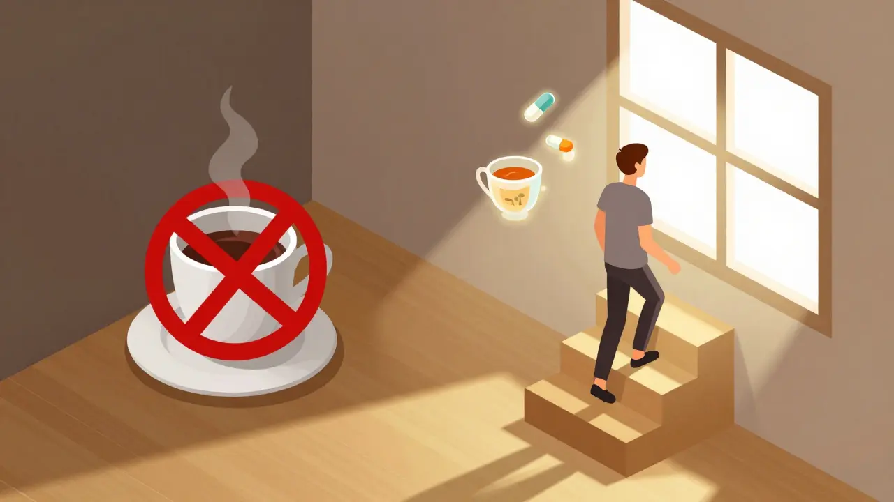Izometrický pohled na vyhýbání se kofeinu a mírný pohyb pro prevenci úzkosti