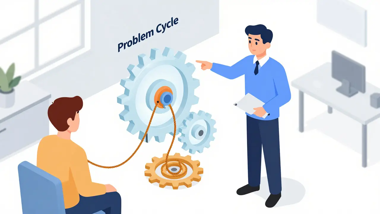 Terapeut aktivně řeší mechanizmus problému v izometrickém stylu