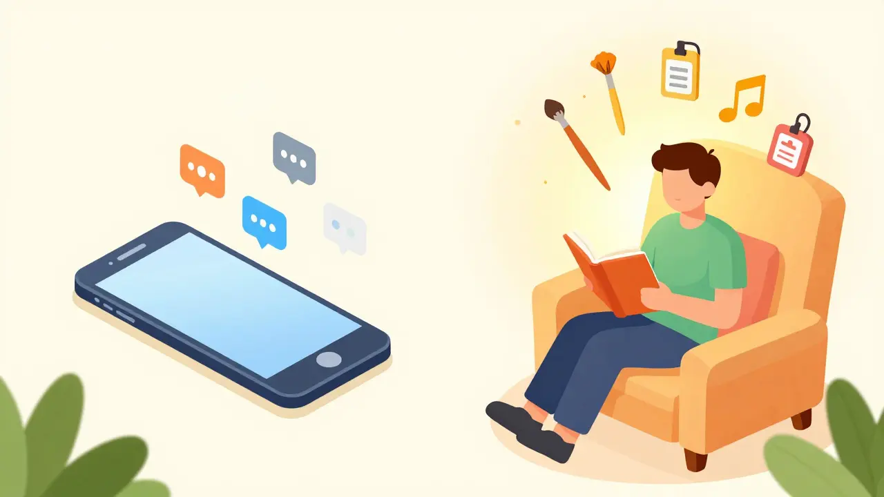 Ilustrace digitálního detoxu a nalezení hodnoty mimo práci v útulném prostředí