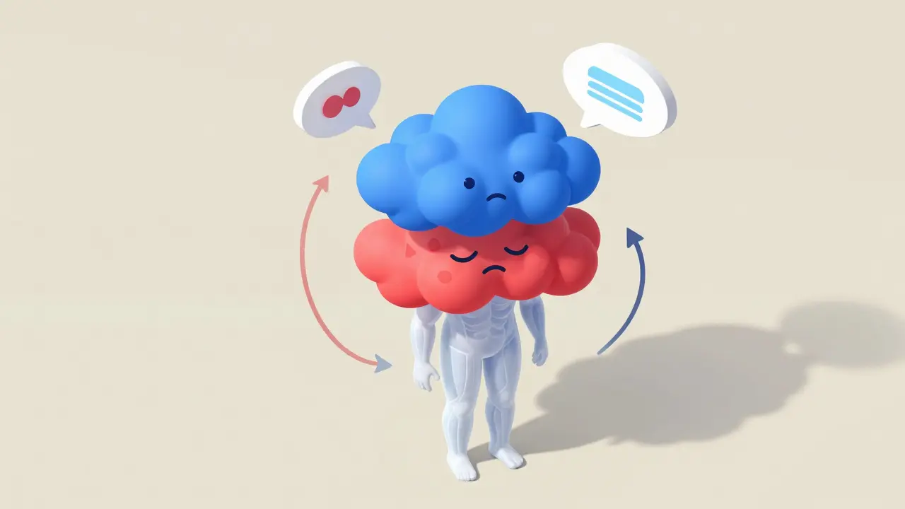Ilustrace propojení těla, emocí a myšlenek v integrativní psychoterapii