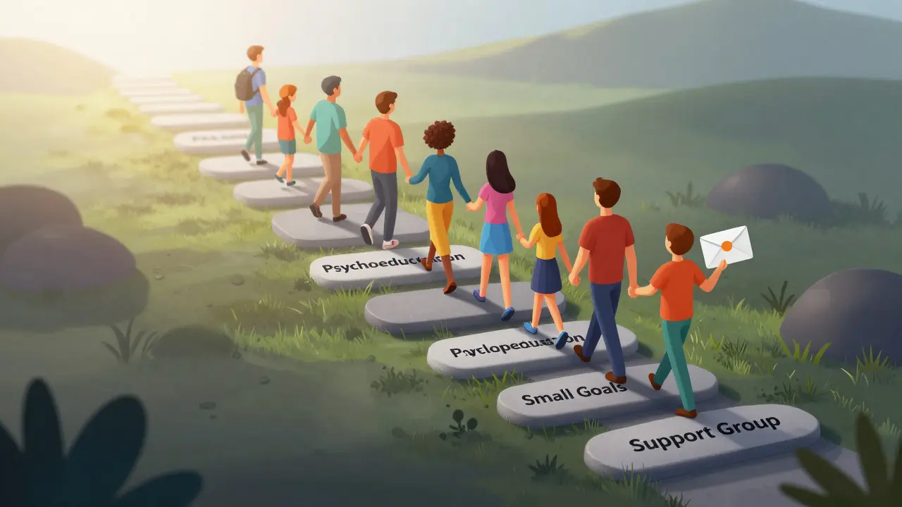 Izometrická scéna cesty k uzdravení s podporou komunity a praktickými nástroji pro ADHD