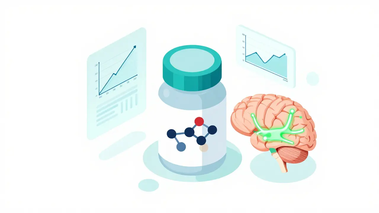 Izometrická scéna s léky na spánek, mozkem a grafy pro léčbu ADHD
