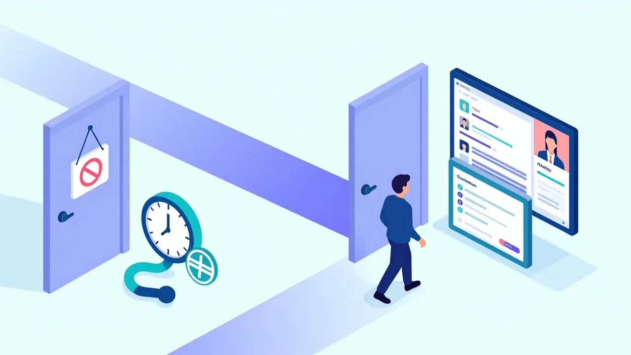 Izometrická scéna ukazující alternativy firemní terapie, jako jsou flexibilní časy a online platformy.