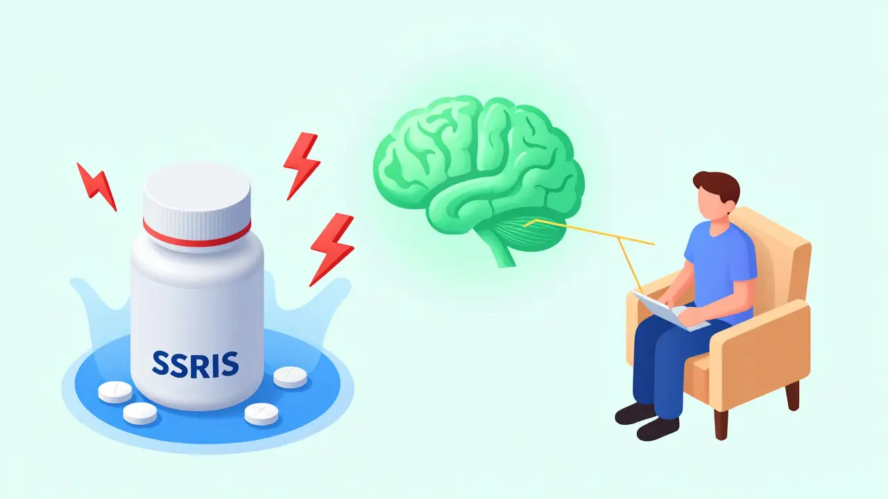 Izometrický obrázek ukazující rovnováhu mezi léky a psychoterapií při léčbě PTSP