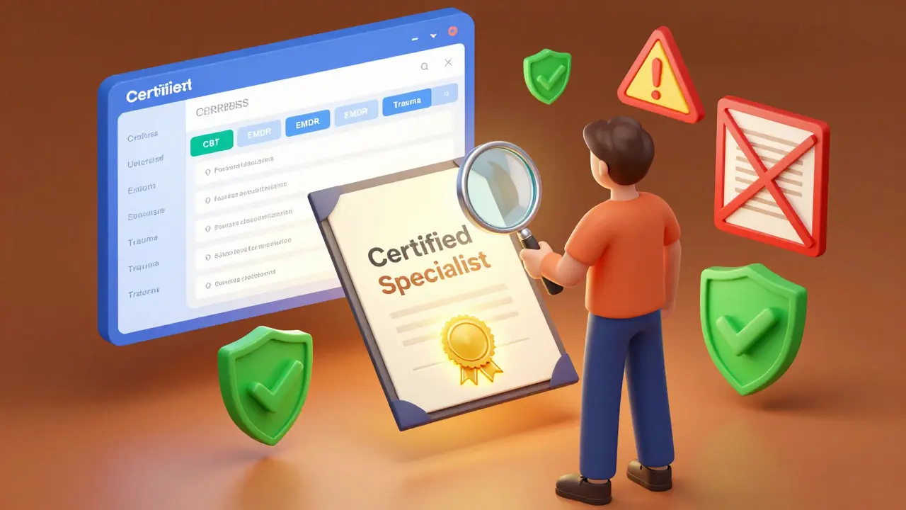 Člověk s lupou ověřující certifikát terapeuta před digitálním adresářem