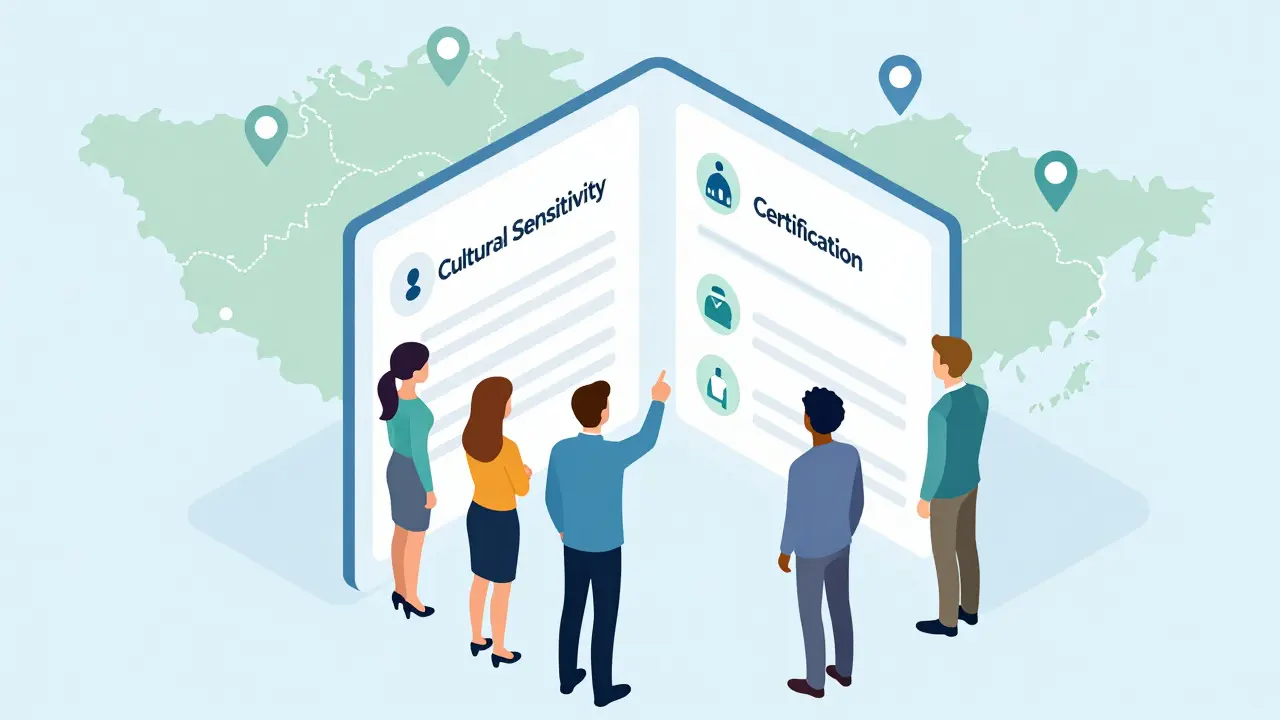 Izometrická scéna výběru terapeuta s důrazem na certifikace a kulturu