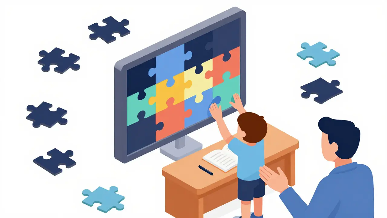 Izometrické zobrazení dítěte skládajícího puzzle příběhu traumatu s pomocí terapeuta.