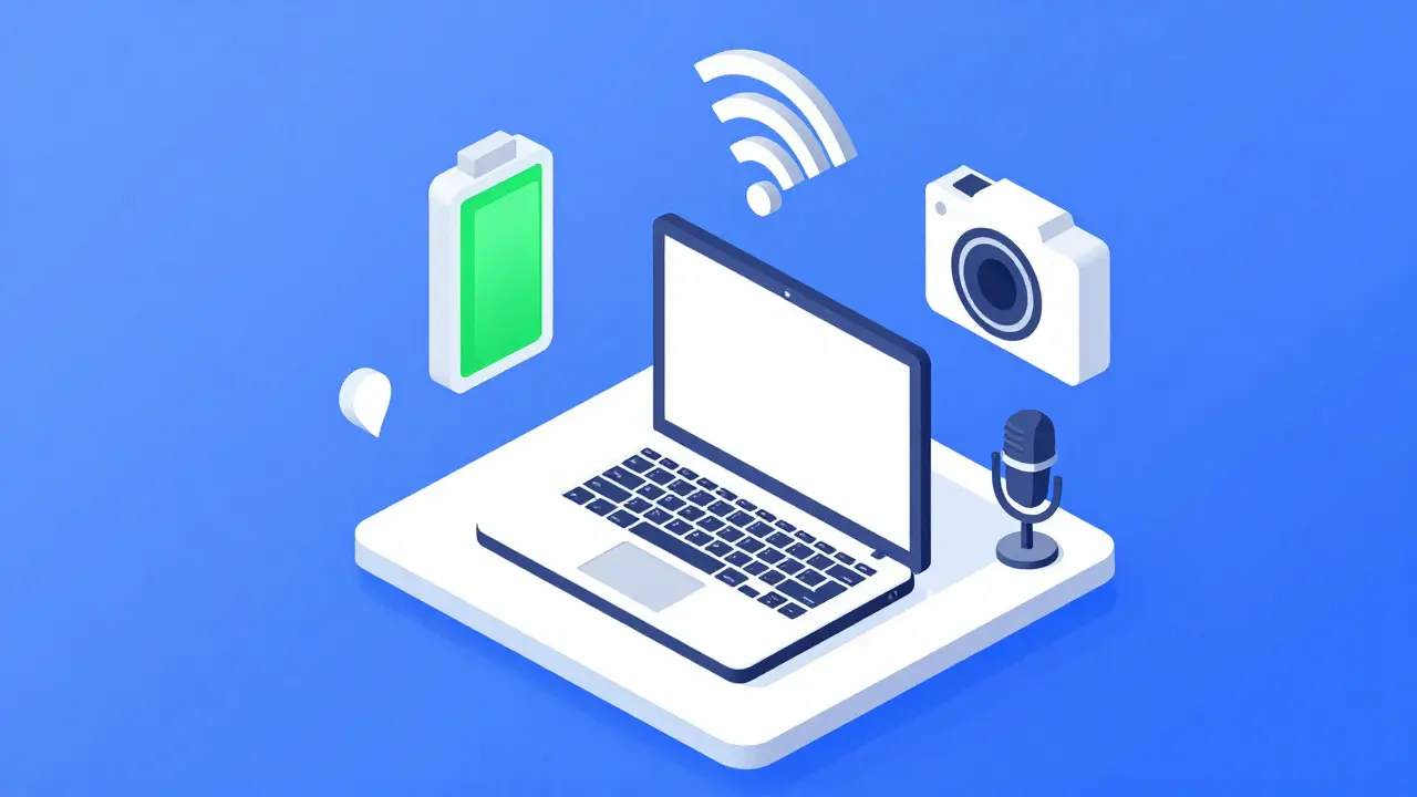 Izometrický koncept technické přípravy: baterie, wifi a kamera kolem laptopu
