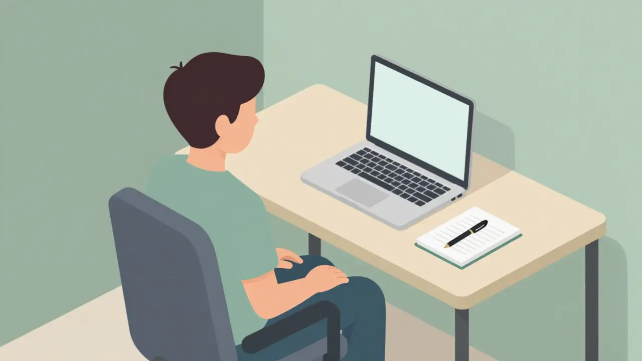 Klidná scéna psychologické přípravy: osoba sedící u laptopu s blokem