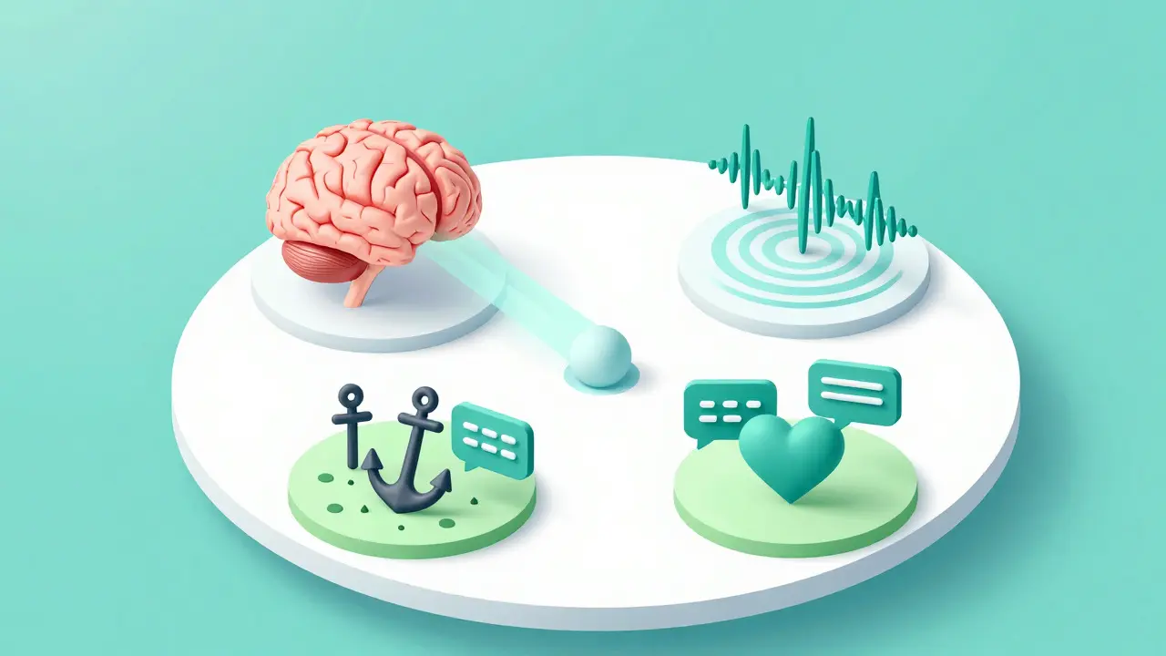 Abstraktní izometrické zobrazení modulů psychoedukace a biologie traumatu