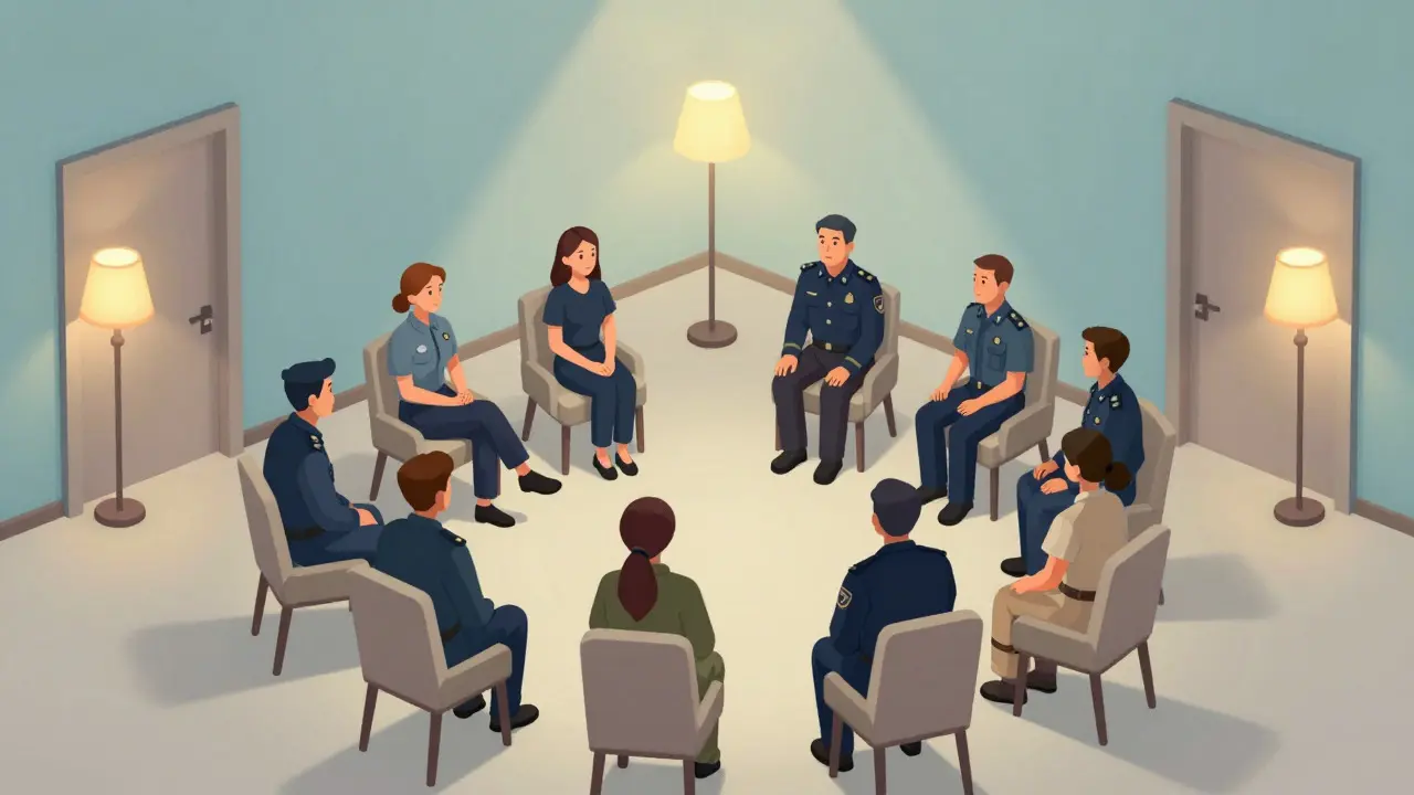 Izometrická ilustrace klidné místnosti pro skupinovou podporu a debriefing