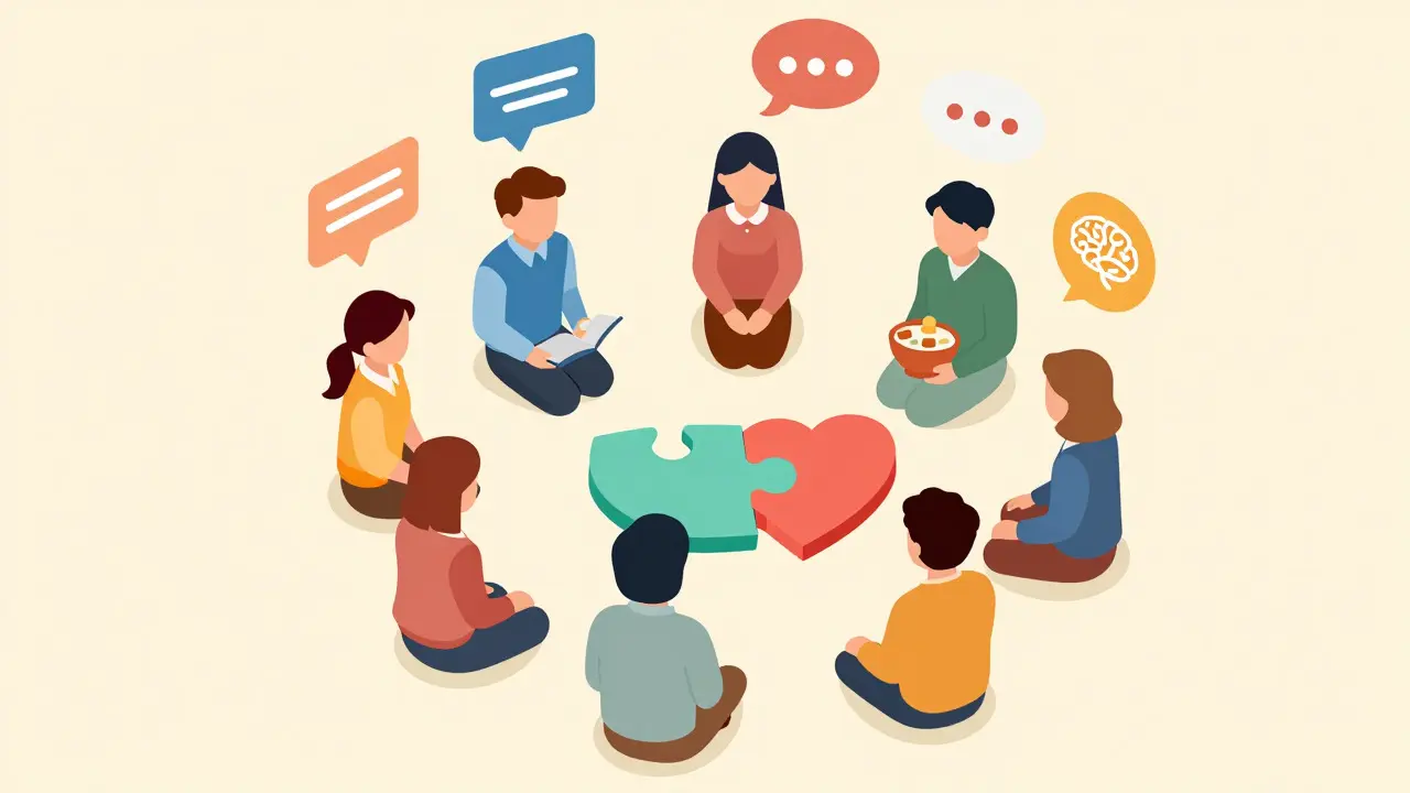Izometrická ilustrace multidisciplinárního týmu a skupinové terapie v intenzivním programu