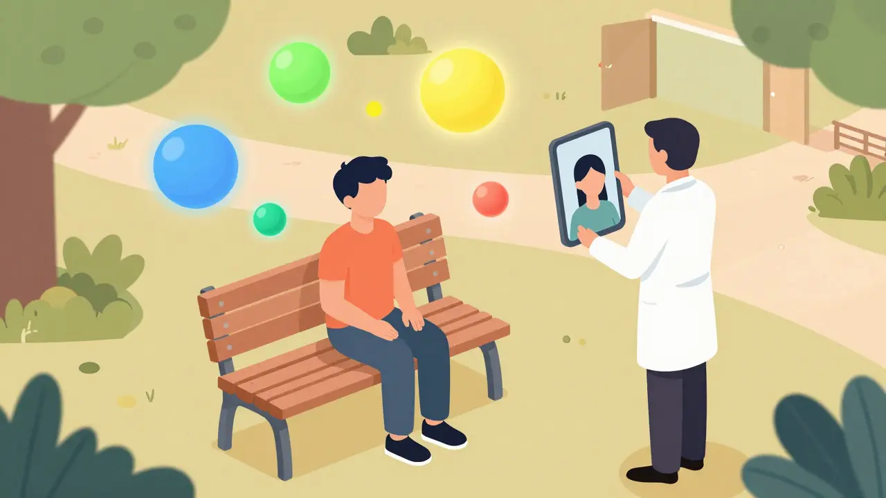 Izometrická ilustrace osoby v parku obklopené barevnými sférami emocí