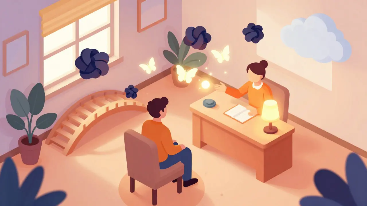 Izometrická ilustrace terapeutického procesu jako mostu k uzdravení s důrazem na empatii