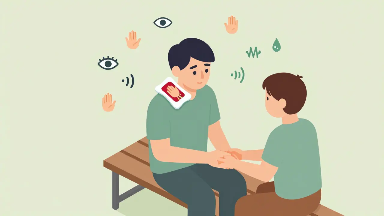 Izometrická ilustrace uzemnění smysly a podpory blízké osoby