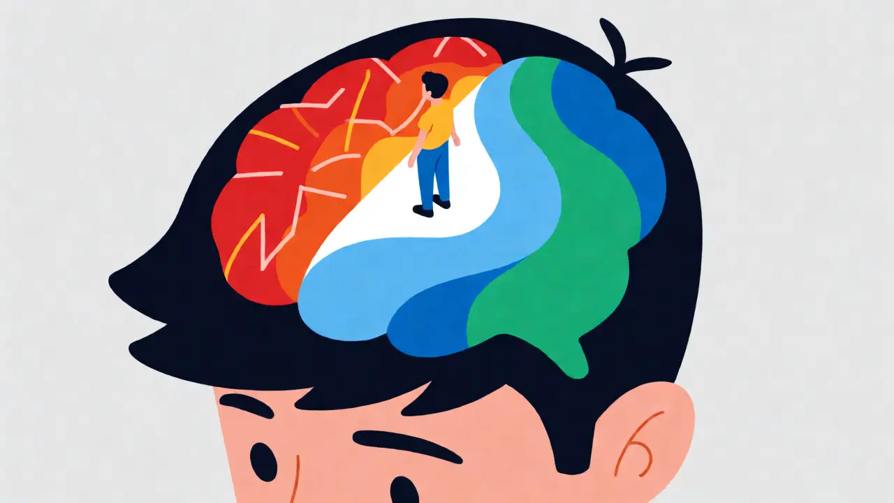 Abstraktní izometrická ilustrace mozku znázorňující přechod od stresu k úlevě.