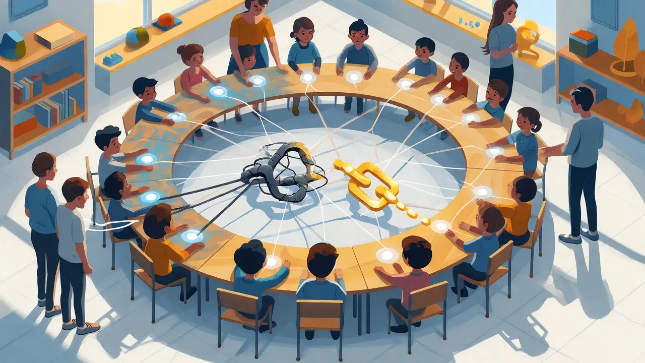 Ilustrace celotřídního programu se symbolem propojených sociálních vazeb.