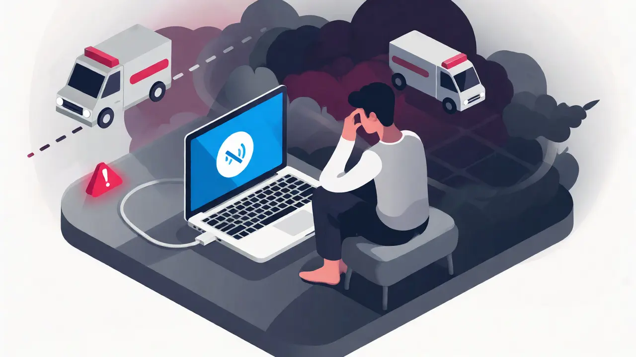 Ilustrace rizika krize při online terapii, kde chybí fyzická přítomnost terapeuta.